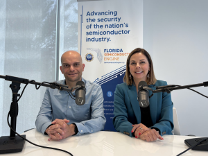 Two professionals talking about the semiconductor industry on a podcast.